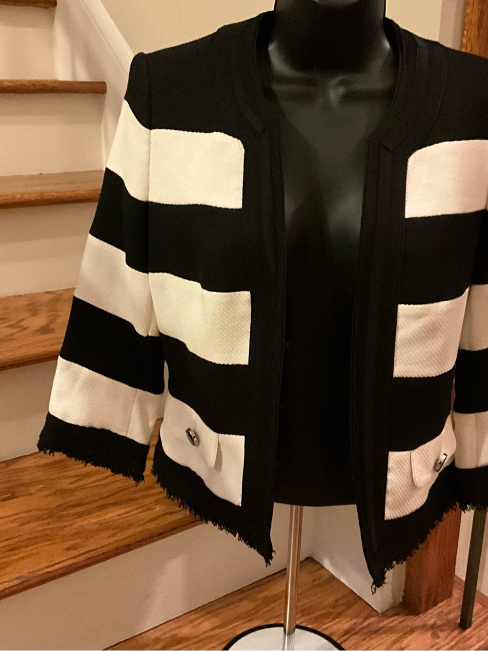 White House Black Market Black and White Striped Open Front Jacket